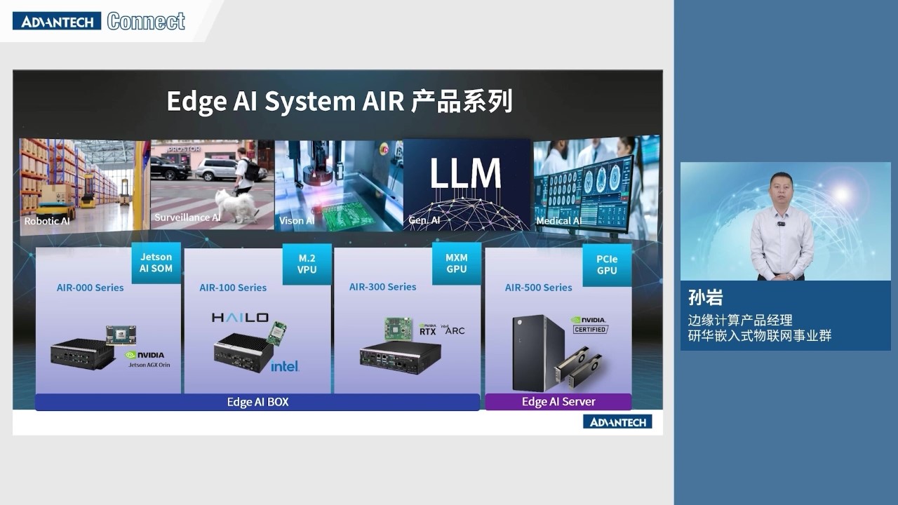 研华物联网产品经理孙岩先生，将为大家详细介绍研华今年推出的全新边缘AI整机产品。孙经理将从产品的特点和优势、行业应用等多个方面，为我们展示研华在边缘AI硬件领域的深厚实力和创新能力。